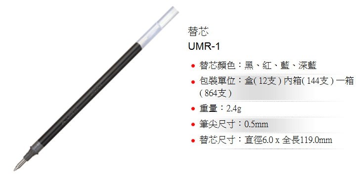 UNI UMR-1超極細鋼珠筆替芯(0.28) 12支入